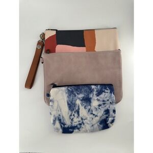 Thirty-One Pouch Set Colorblock Wristlet Mauve Faux‎ Leather Tie Dye Canvas 3pc